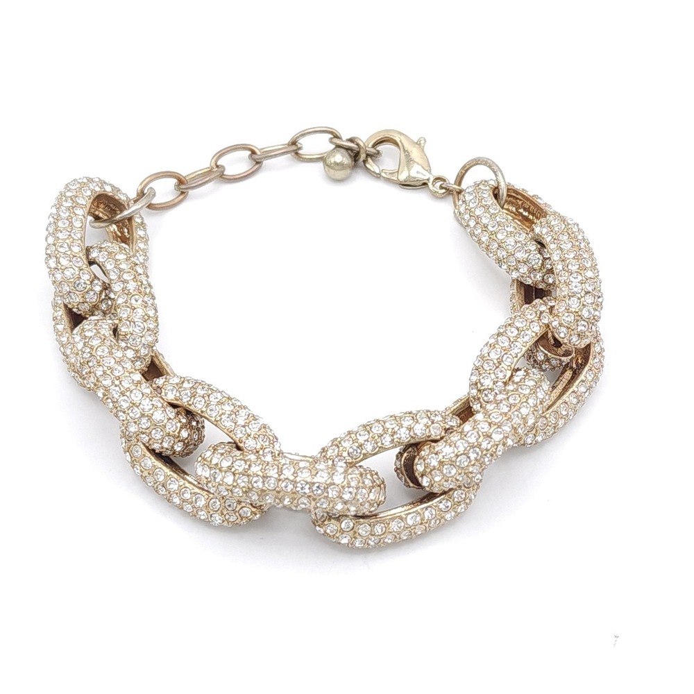 Gold Tone Pave Crystal Chunky Chain Link Bracelet Statement 7.5-8.5in - Picture 2 of 6